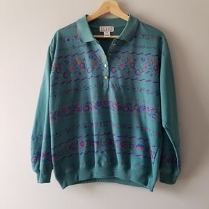 Vintage 80s Floral Printed Teal Collared Pullovet Medium